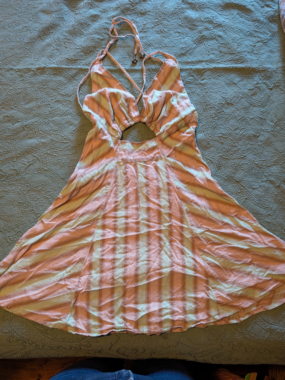 Free People Peach and Cream Striped Mini Dress with Front Cutout